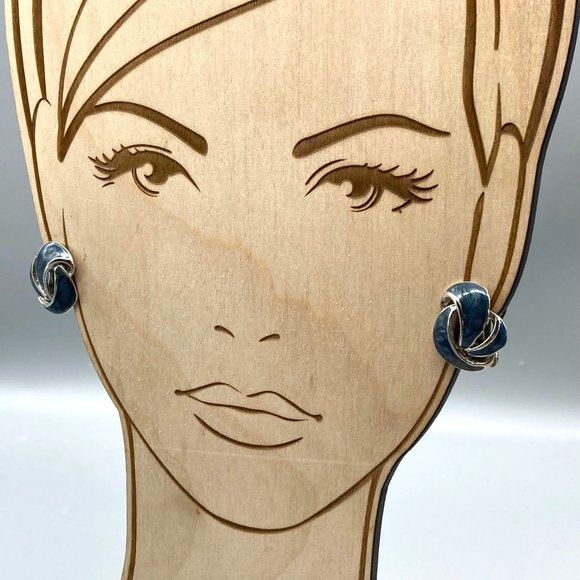 Vintage Abstract Blue Enamel Earrings, Silver Tone Clip Ons - Picture 4 of 5